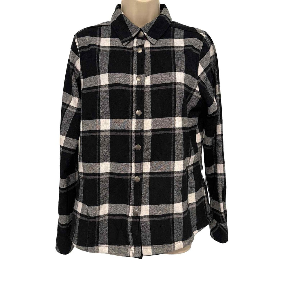 Orvis Fleece Lined Flannel Shirt Medium Black Plaid‎ Snap Front Two Pockets